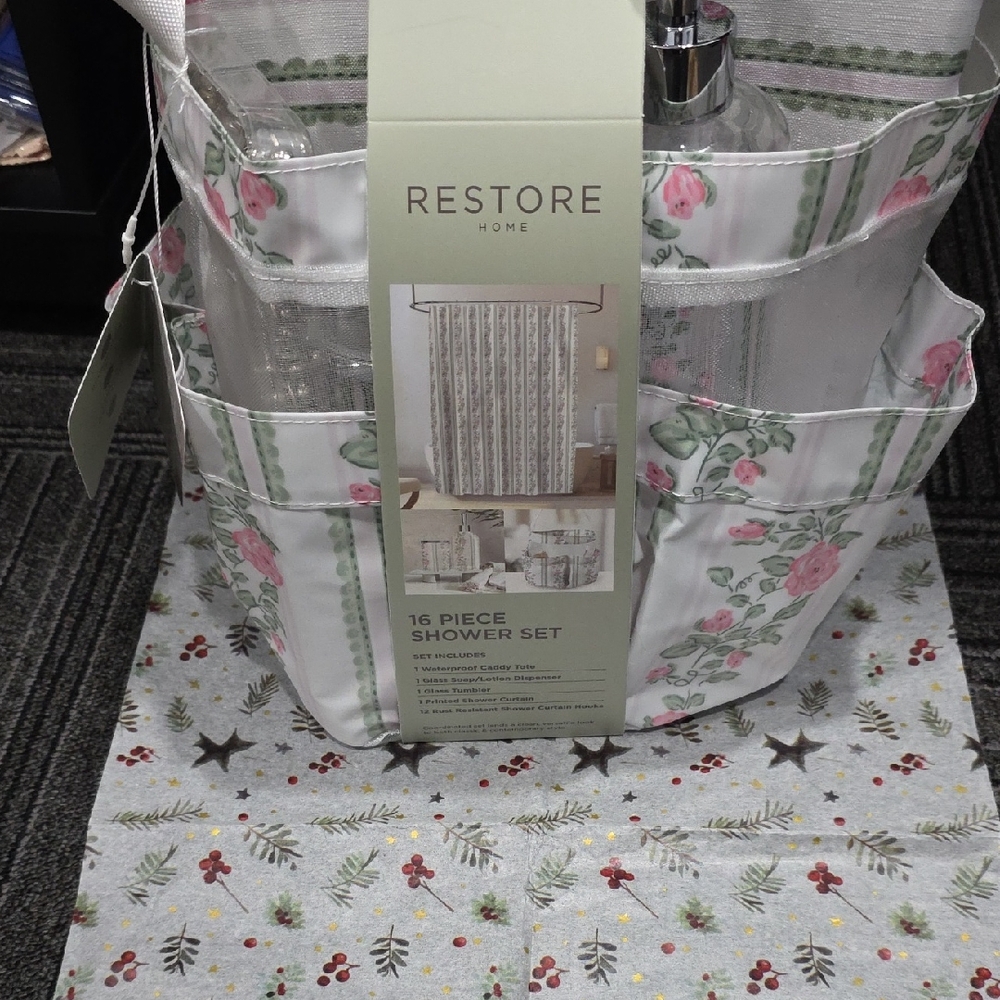Pink Floral Shower Curtain Set